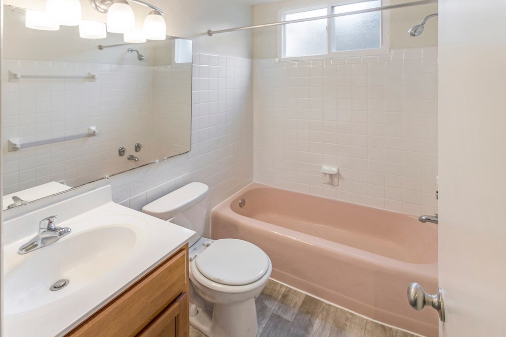 This is a photo of the bathroom of the 550 square foot 1 bedroom, 1 bath patio apartment at College Woods Apartments in the North College Hill neighborhood of Cincinnati, OH.