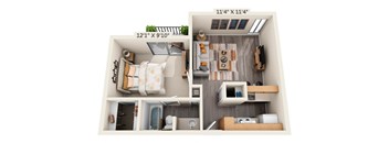 This is a 3D floor plan of a 582 square foot 1 bedroom, 1 bath apartment at Cambridge Court Apartments in Dallas, TX.