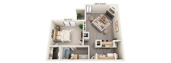 This is a 3D floor plan of a 692 square foot 1 bedroom, 1 bath apartment at Cambridge Court Apartments in Dallas, TX.