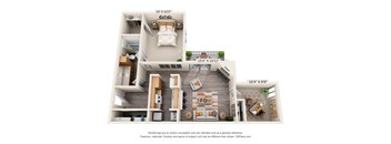 A 3D floor plan of a two-bedroom apartment.