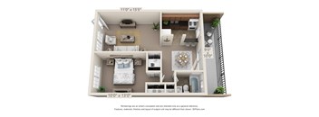 This is a 3D floor plan of a 550 square foot 1 bedroom, balcony apartment at College Woods Apartments in Cincinnati, OH.