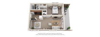 This is a 3D floor plan of a 550 square foot 1 bedroom, patio apartment at College Woods Apartments in Cincinnati, OH.