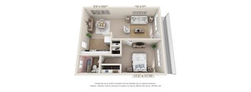 This is a 3D floor plan of a 631 square foot 1 bedroom apartment at Colonial Ridge Apartments in Cincinnati, OH.