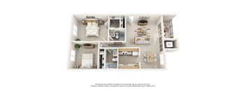 This is a 3D floor plan of a 950 square foot 2 bedroom apartment at Deer Hill Apartments in Cincinnati, OH.