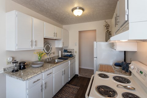 a kitchen with white appliances and granite counter tops and a white refrigerator