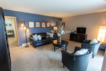 This is a picture of the living room in the 980 square foot, 2 bedroom, 1 bath model apartment at Fairfield Pointe Apartments in Fairfield, Ohio. - Photo Gallery 30