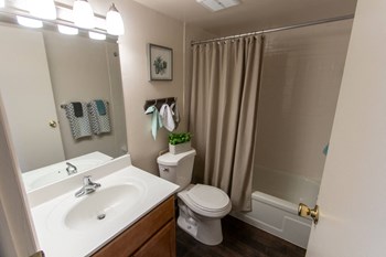 This is a picture of the bathroom in the 980 square foot, 2 bedroom, 1 bath model apartment at Fairfield Pointe Apartments in Fairfield, Ohio. - Photo Gallery 42