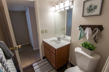 This is a picture of the bathroom in the 980 square foot, 2 bedroom, 1 bath model apartment at Fairfield Pointe Apartments in Fairfield, Ohio. - Photo Gallery 43
