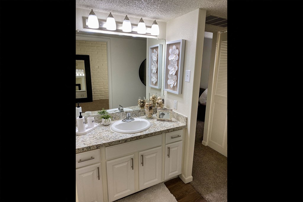 This is a photo of the bathroom vanity in the 965 square foot 1 bedroom, 1 bath  apartment at Harvard Square Apartments, in the Vickery Meadow neighborhood of Dallas, TX.