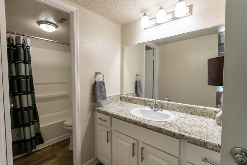 This is a photo of the primary bathroom in the 965 square foot 2 bedroom, 2 bath  apartment at Harvard Square Apartments, in Dallas, TX.