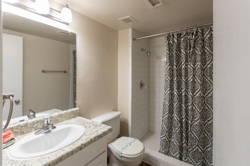 This is a photo of the bathroom in the 965 square foot 2 bedroom, 2 bath  apartment at Harvard Square Apartments, in Dallas, TX.