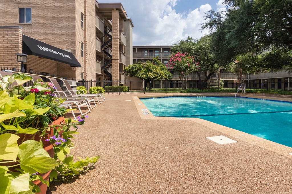 This is a photo of the pool area in the courtyard at Harvard Square Apartments, in the Vickery Meadow neighborhood of Dallas, TX.