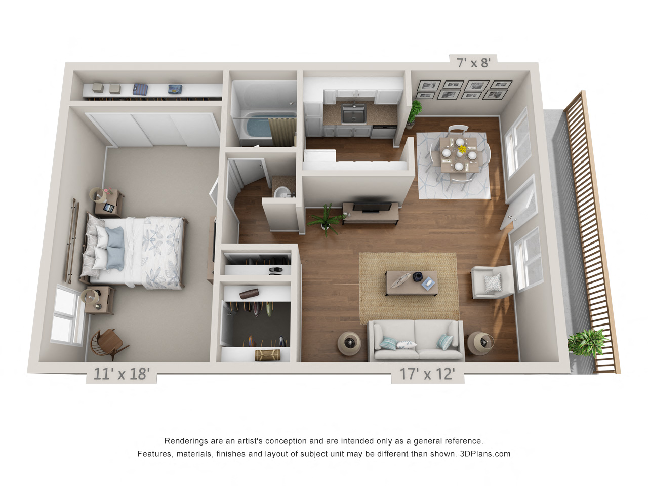 This is a 3D floor plan of a 653 square foot 1 bedroom apartment at Harvard Square Apartments in Dallas, TX.