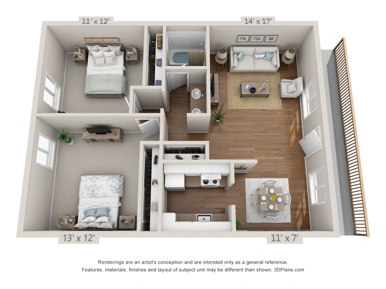 This is a 3D floor plan of a 871 square foot 2 bedroom apartment at Harvard Square Apartments in Dallas, TX.