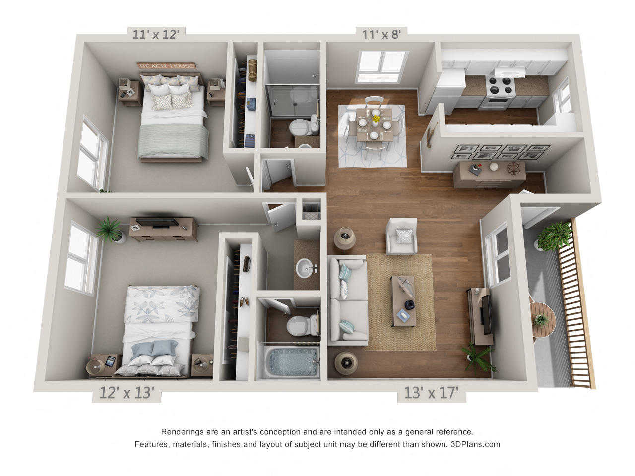 This is a 3D floor plan of a 965 square foot 2 bedroom apartment at Harvard Square Apartments in Dallas, TX.