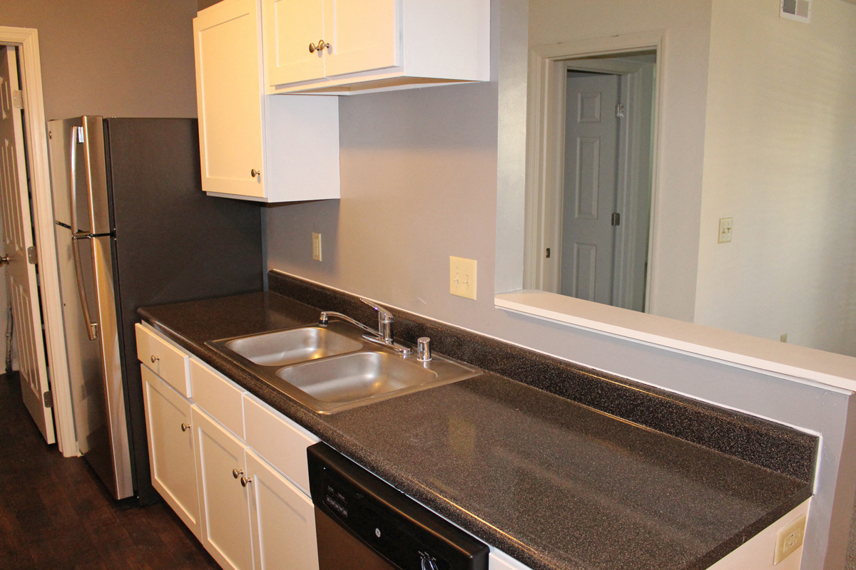This is a photo of an upgraded kitchen in the 1056 square foot 2 bedroom Gainsway at Trails of Saddlebrook Apartments in Florence, KY.