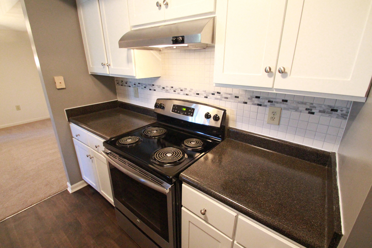This is a photo of an upgraded kitchen in the 1056 square foot 2 bedroom Gainsway at Trails of Saddlebrook Apartments in Florence, KY.