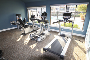 This is a photo of the fitness center showing workout machines at Woodbridge Apartments in Dallas, TX.