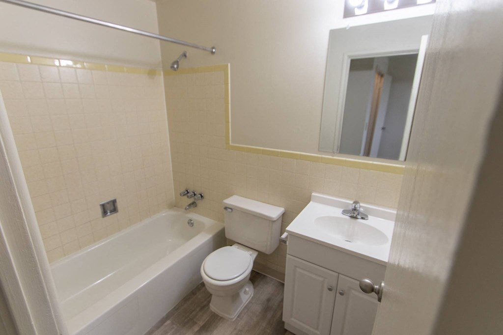 This is a photo of the bathroom in the 545 square foot 1 bedroom, 1 bath apartment at Lisa Ridge Apartments in the Westwood neighborhood of Cincinnati, Ohio.