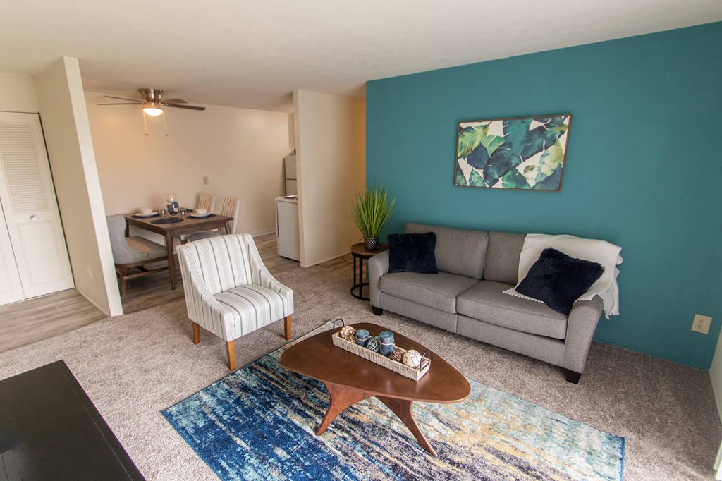 This is a photo of the living room in the 705 square foot 2 bedroom, 1 bath apartment at Lisa Ridge Apartments in the Westwood neighborhood of Cincinnati, Ohio.