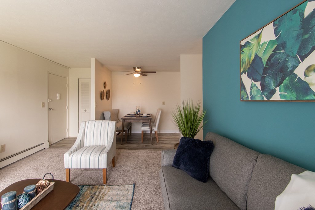 This is a photo of the dining area from the living room in the 705 square foot 2 bedroom, 1 bath apartment at Lisa Ridge Apartments in the Westwood neighborhood of Cincinnati, Ohio.