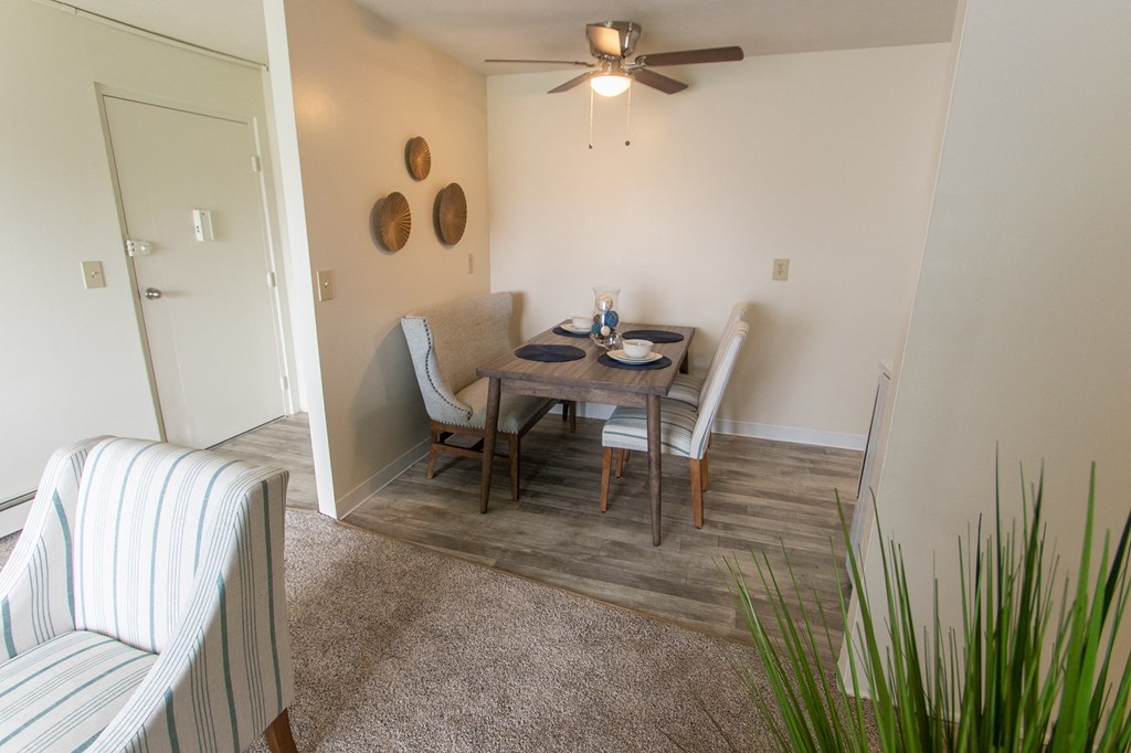 This is a photo of the dining area in the 705 square foot 2 bedroom, 1 bath apartment at Lisa Ridge Apartments in the Westwood neighborhood of Cincinnati, Ohio.