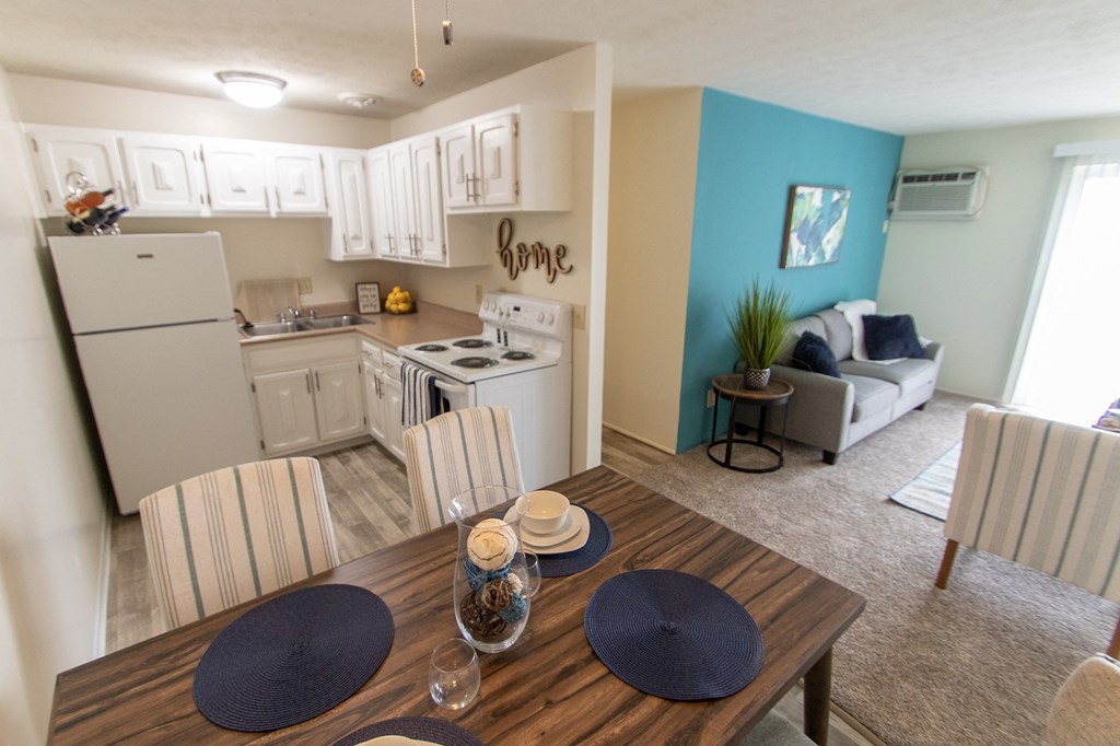 This is a photo of the kitchen from the dining area in the 705 square foot 2 bedroom, 1 bath apartment at Lisa Ridge Apartments in the Westwood neighborhood of Cincinnati, Ohio.