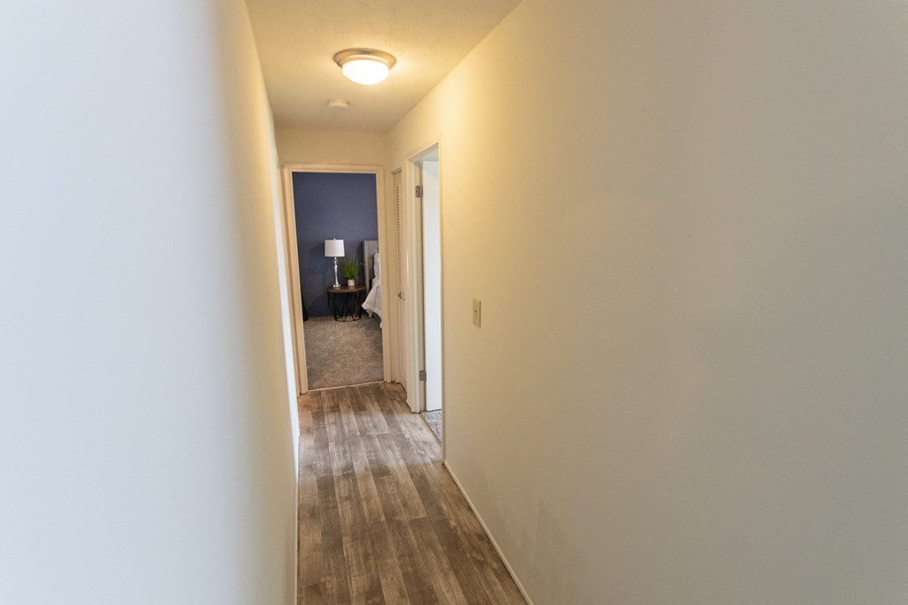 This is a photo of the hallway in the 705 square foot 2 bedroom, 1 bath apartment at Lisa Ridge Apartments in the Westwood neighborhood of Cincinnati, Ohio.