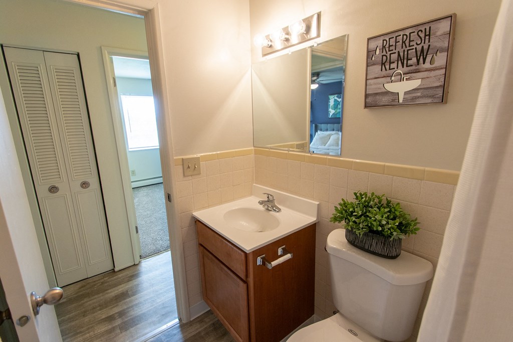 This is a photo of the bathroom in the 705 square foot 2 bedroom, 1 bath apartment at Lisa Ridge Apartments in the Westwood neighborhood of Cincinnati, Ohio.