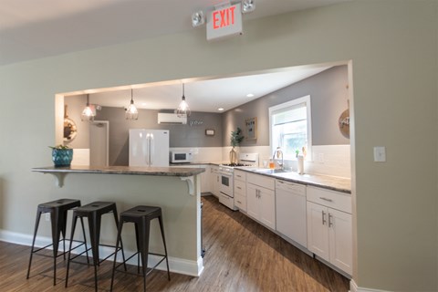 This is a photo of the kitchen in the resident clubhouse at Lake of the Woods Apartments in Cincinnati, OH.