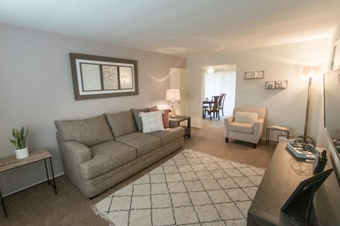 This is a photo of the living room of the 1 bedroom, 631 square foot model apartment at Lake of the Woods Apartments in Cincinnati, OH.