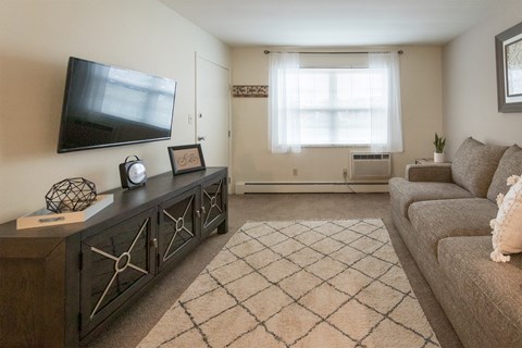 This is a photo of the living room of the 1 bedroom, 631 square foot model apartment at Lake of the Woods Apartments in Cincinnati, OH.