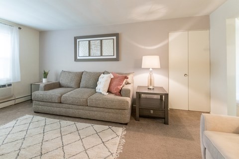 This is a photo of the living room of the 1 bedroom, 631 square foot model apartment at Lake of the Woods Apartments in Cincinnati, OH.