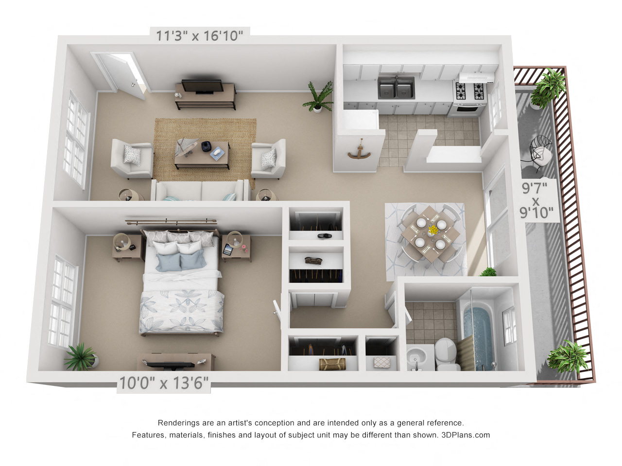 This is a 3D floor plan of a 631, B-style square foot 1 bedroom apartment at Lake of the Woods Apartments in Cincinnati, OH.