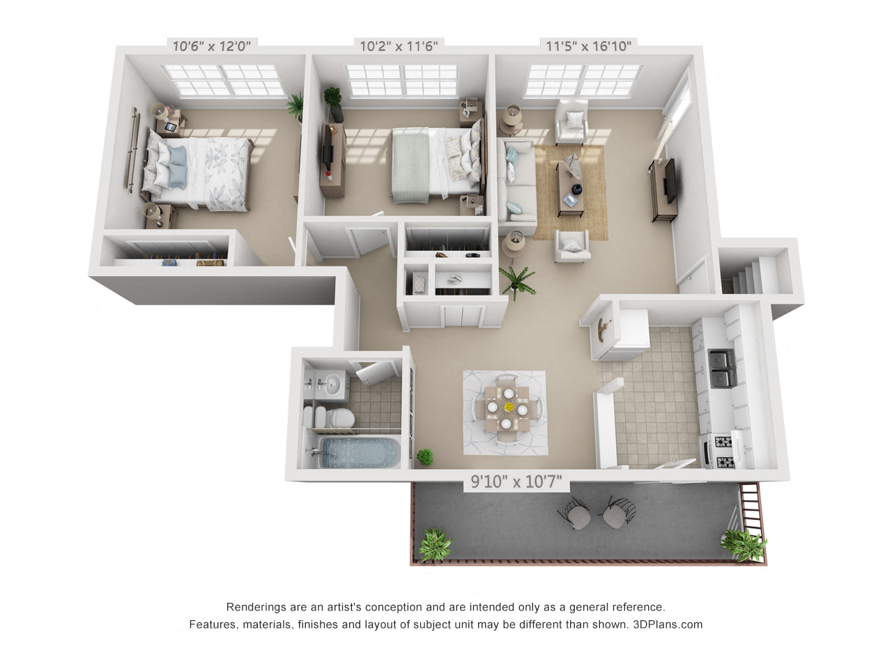 This is a 3D floor plan of a 758, D-style square foot 2 bedroom apartment at Lake of the Woods Apartments in Cincinnati, OH.