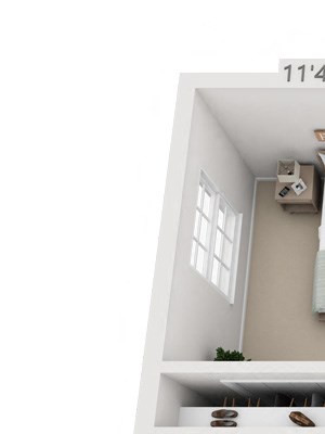 This is a 3D floor plan of a 1004 square foot 2 bedroom townhome at Lake of the Woods Apartments in Cincinnati, OH.