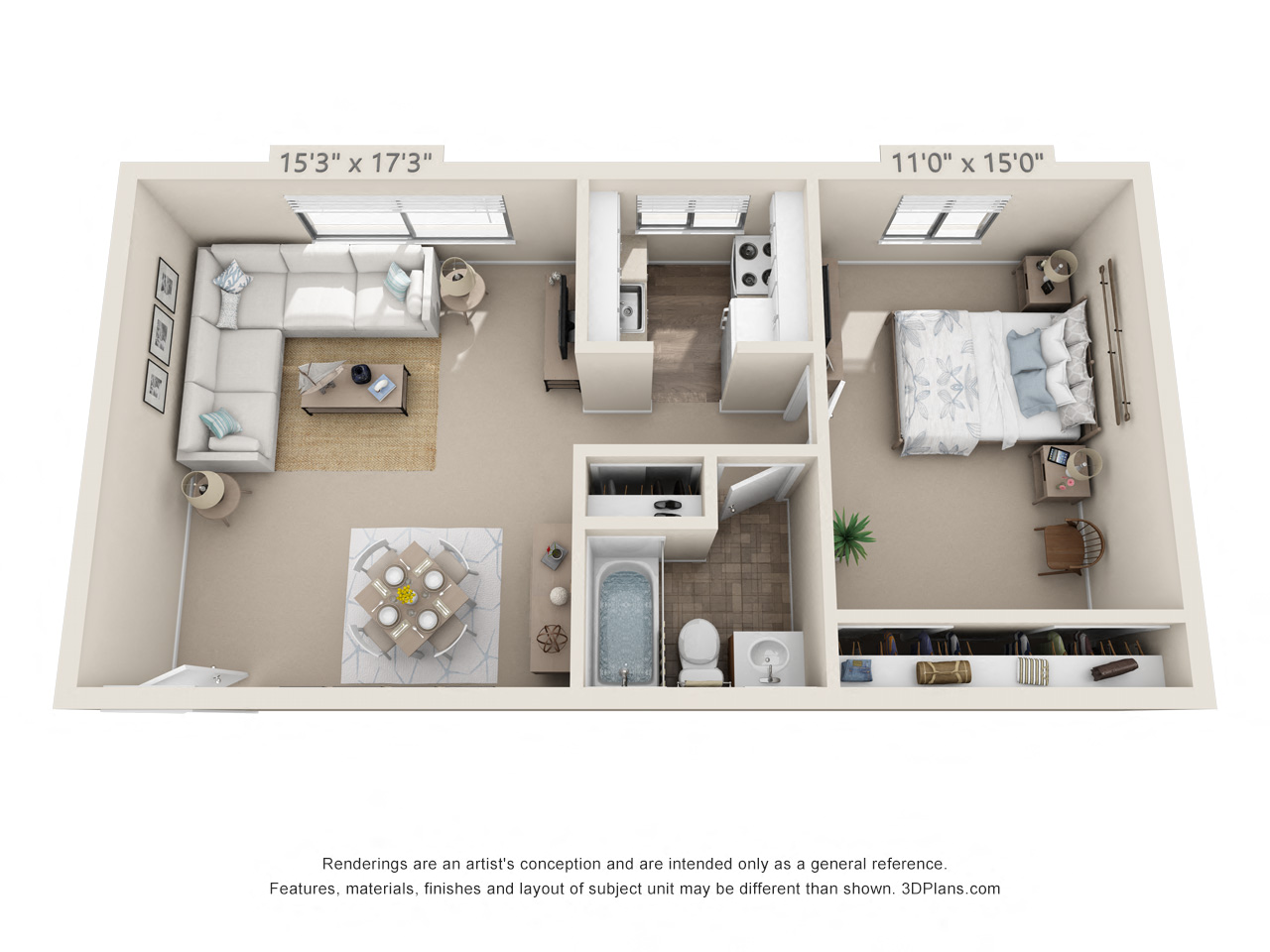 This is a 3D floor plan of a 572 square foot 1 bedroom apartment at Red BankReserve Apartments in Cincinnati, OH.
