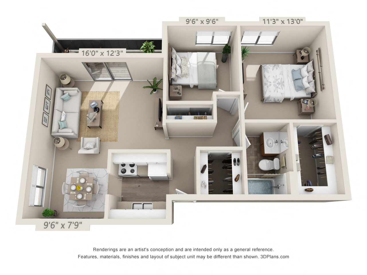 This is a 3D floor plan of a 748 square foot 2 bedroom apartment at Red BankReserve Apartments in Cincinnati, OH.
