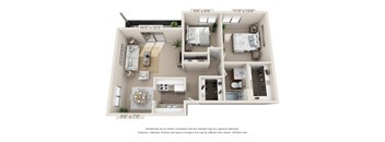 This is a 3D floor plan of a 748 square foot 2 bedroom apartment at Red BankReserve Apartments in Cincinnati, OH.