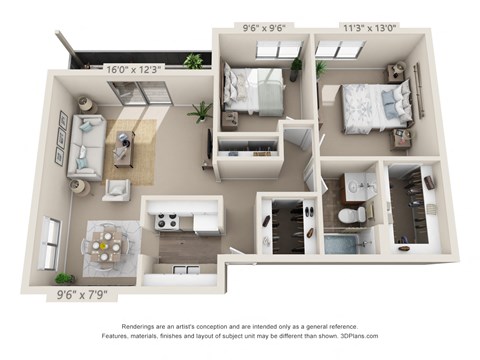 This is a 3D floor plan of a 748 square foot 2 bedroom apartment at Red BankReserve Apartments in Cincinnati, OH.