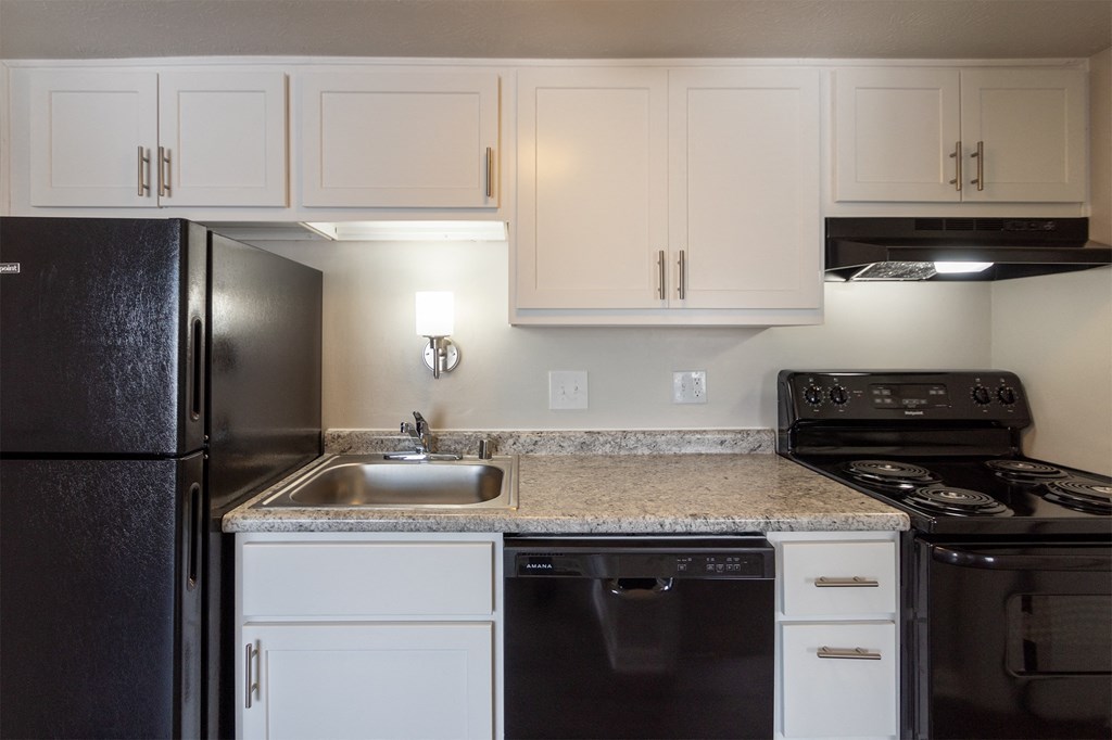 This is a photo of the kitchen in an upgraded 500 square foot 1 bedroom, 1 bath Cedar floor plan at Montana Valley Apartments in Cincinnati, OH.