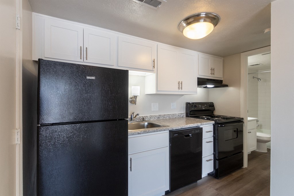 This is a photo of the kitchen in an upgraded 500 square foot 1 bedroom, 1 bath Cedar floor plan at Montana Valley Apartments in Cincinnati, OH.