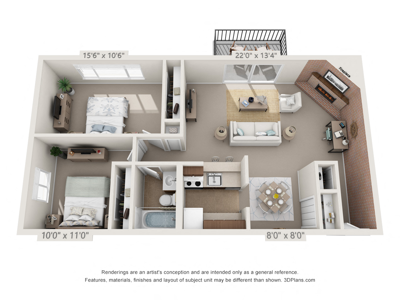 This is a 3D floor plan of a 925 square foot 1 bedroom Chestnut with balcony at Montana Valley Apartments in Cincinnati, OH.