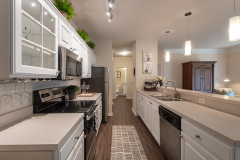Kitchen workspace in the Islander apartment, with a double sink, dishwasher, electric range, white cabinetry, and countertop space on both sides.