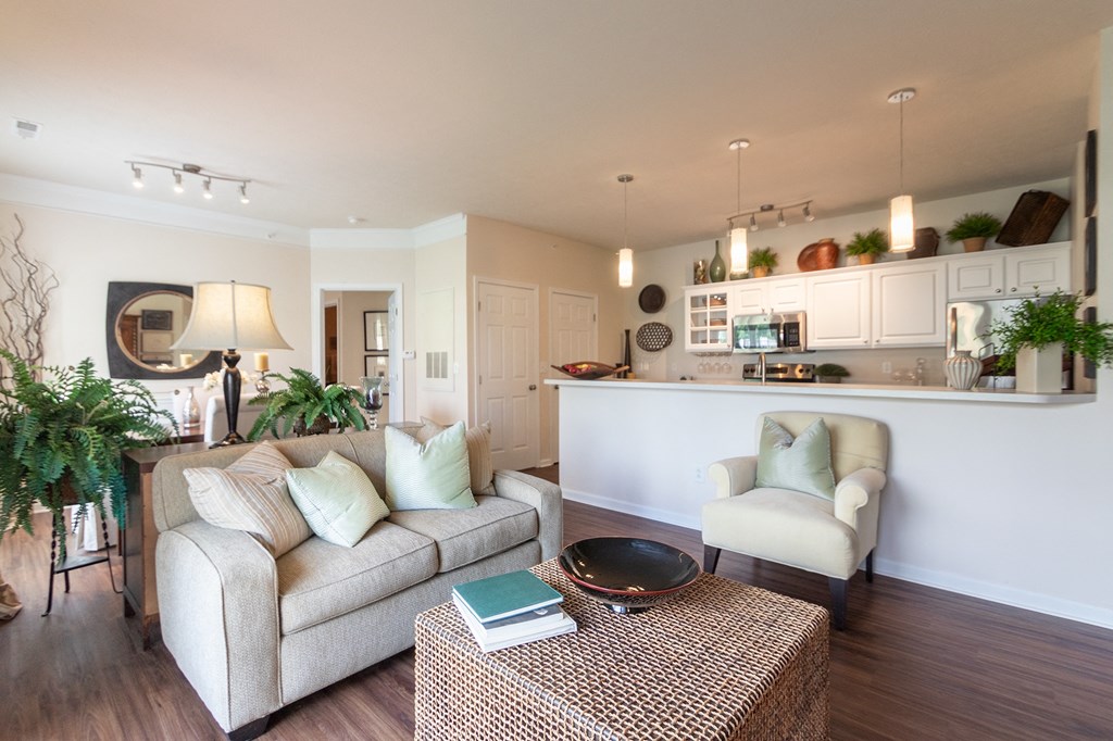 This is a photo of the living room in the 2 bedroom, 2 bath Islander floor plan at Nantucket Apartments in Loveland, OH.