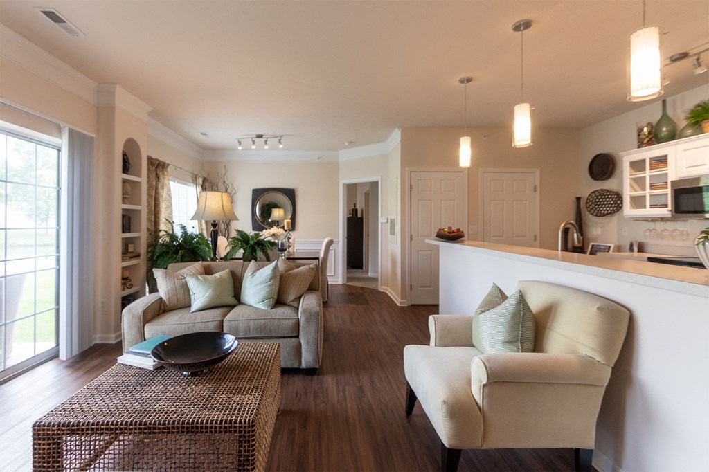 This is a photo of the  living room in the 2 bedroom, 2 bath Islander floor plan at Nantucket Apartments in Loveland, OH.