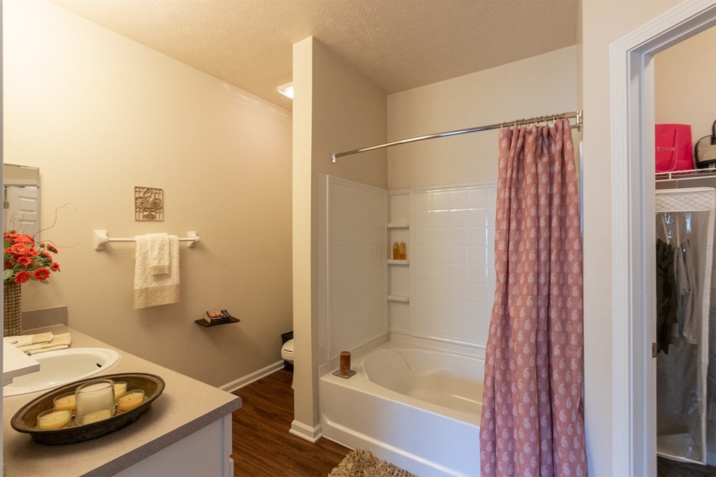 This is a photo of the primary bathroom in the 2 bedroom, 2 bath Islander floor plan at Nantucket Apartments in Loveland, OH.