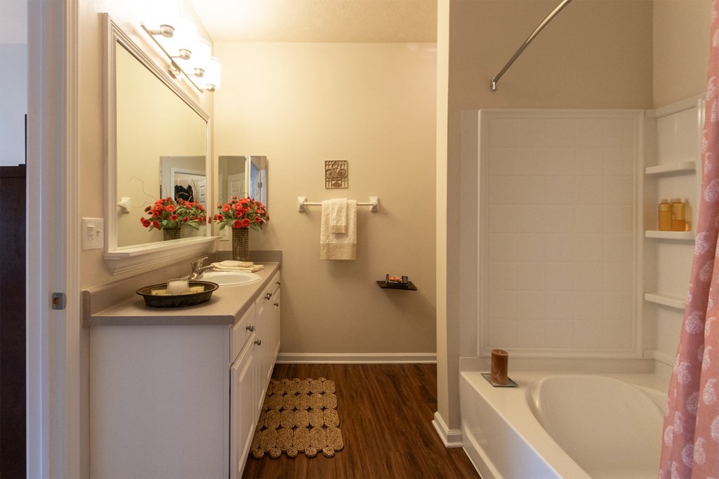 This is a photo of the primary bathroom in the 2 bedroom, 2 bath Islander floor plan at Nantucket Apartments in Loveland, OH.