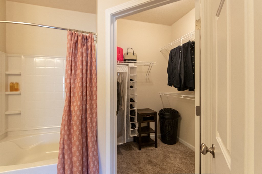 This is a photo of the primary bedroom walk-in closet  in the 2 bedroom, 2 bath Islander floor plan at Nantucket Apartments in Loveland, OH.