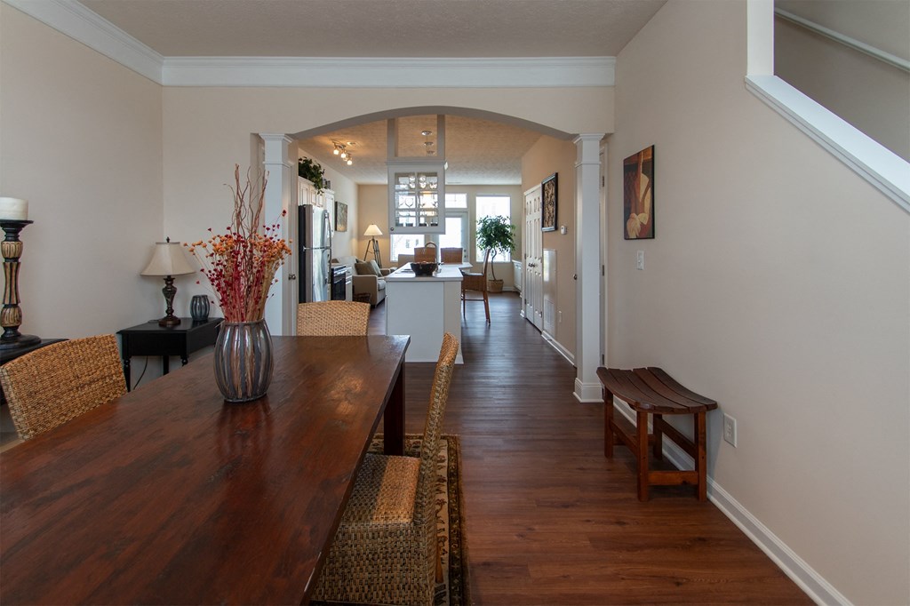 This is a photo of the dining room in the 1242 square foot, 2 bedroom, 2 and 1/2 bath Spinnaker floor plan at Nantucket Apartments in Loveland, OH.